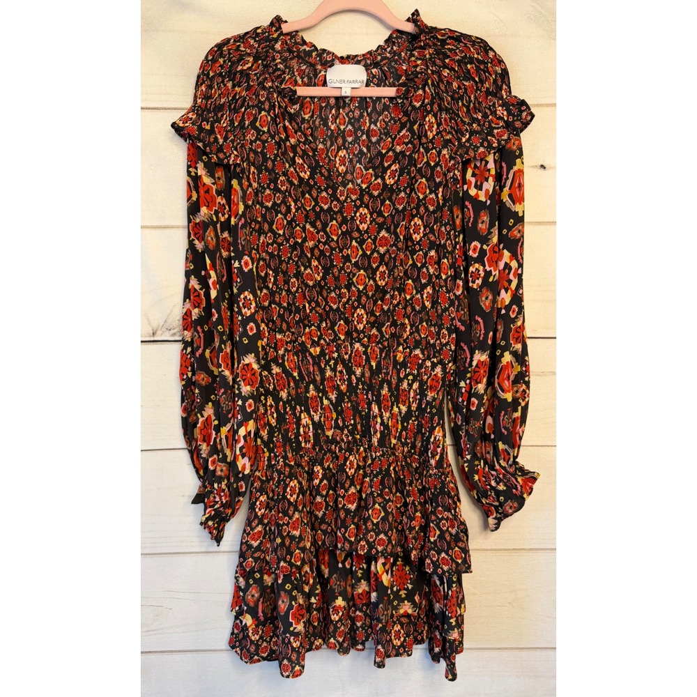 Gilner Farrar GF206VGT Smocked Ikat Mini Dress Red Black Boho Ruffle Small